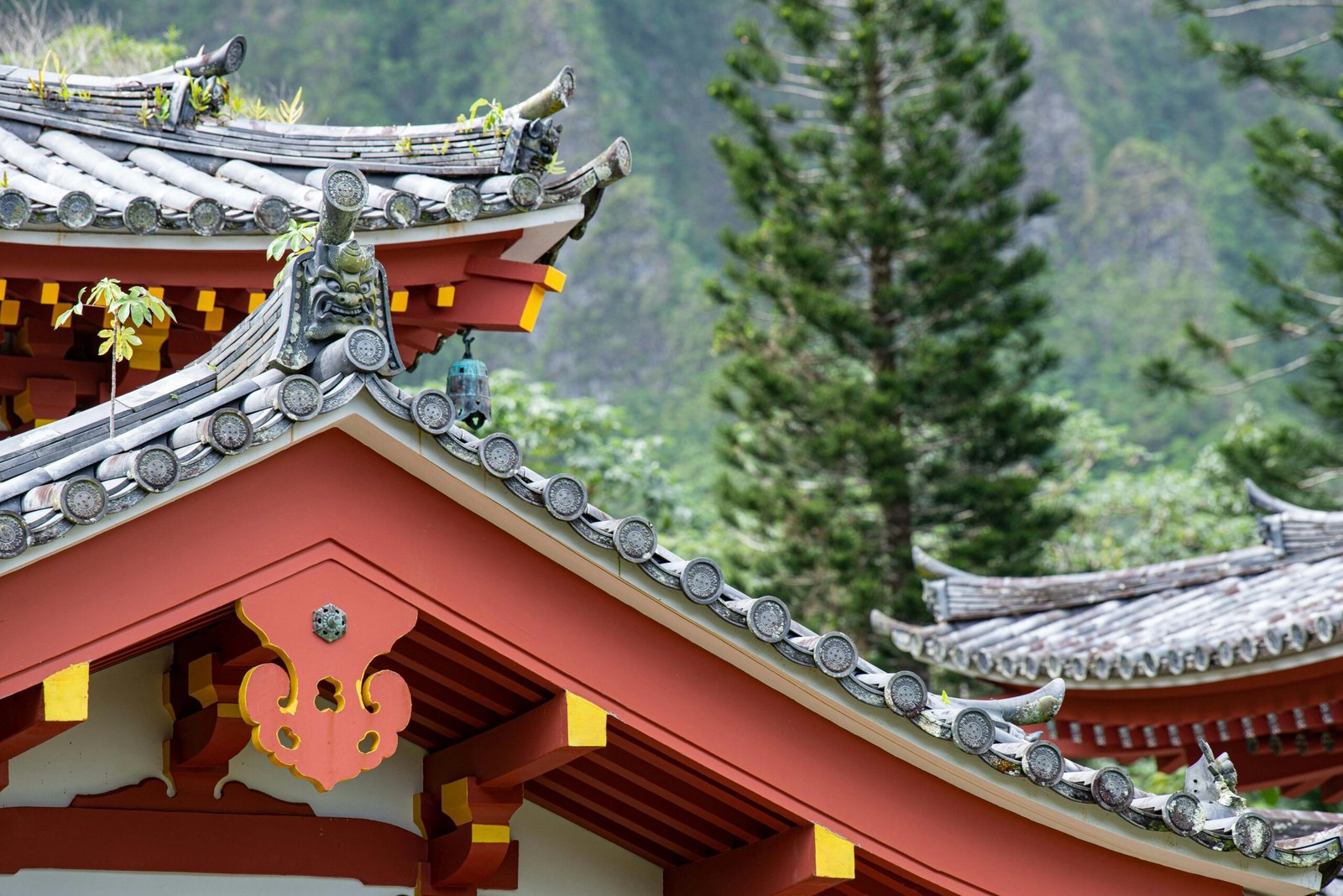 Close-up of ornate traditional temple roof with lush trees in the background.