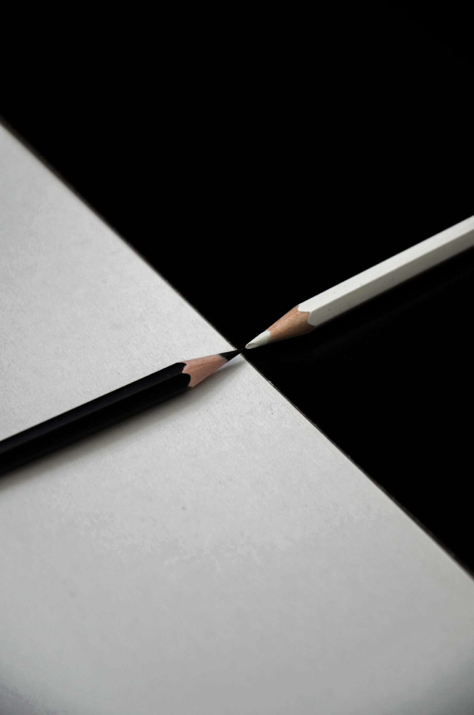 Artistic composition of black and white pencils on contrasting backgrounds.